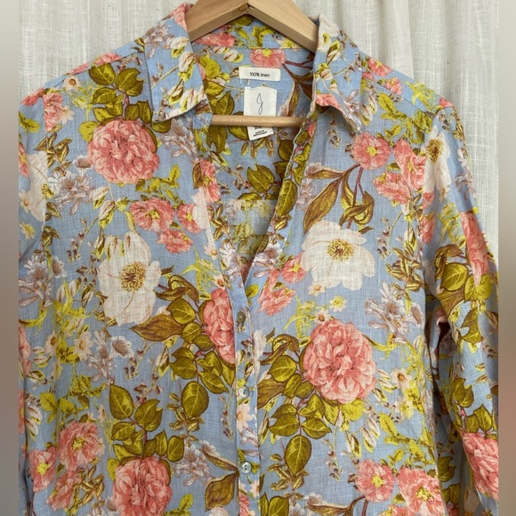 Joie Pastel Floral 100% Linen Button down collared shirt size medium. - Picture 2 of 8